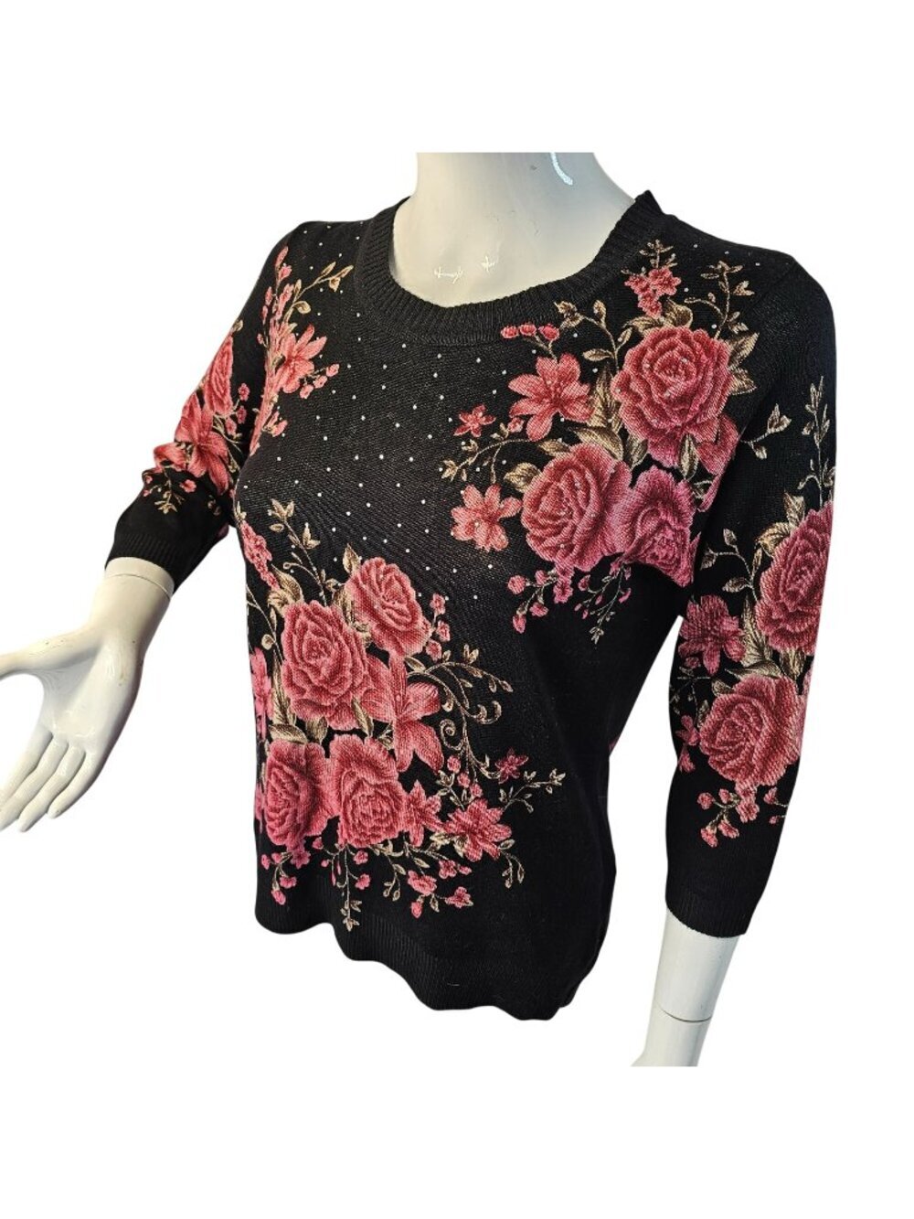 Emily Daniels Rose Floral Sweater Petite Large Black Pink Rhinestone 3/4 Sleeve